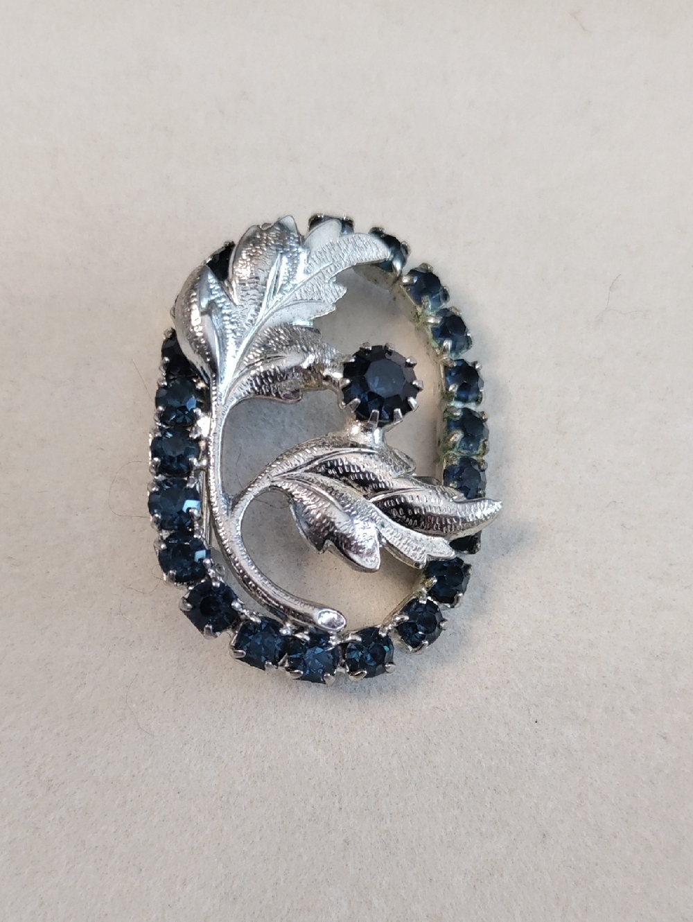 Estate Silver-Tone Leaf Brooch with Deep Blue Stones
